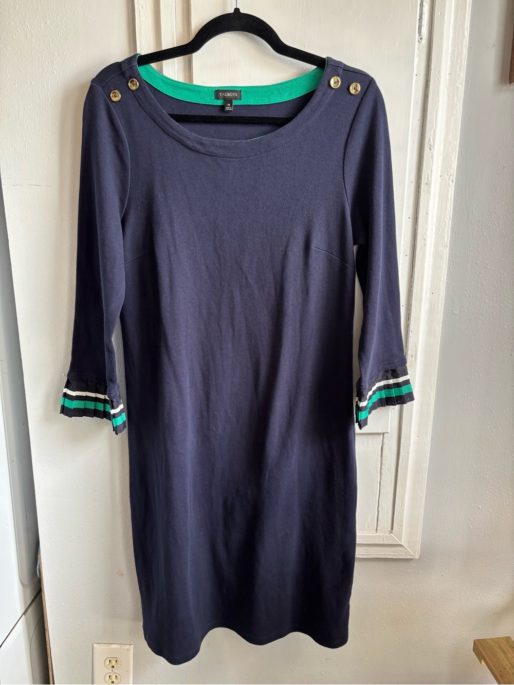 Talbots Navy Boatneck Shift Dress with Green Trim